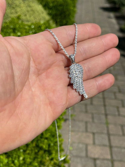 Real Solid 925 Sterling Silver Iced Angel Wing Pendant Hip Hop Diamond Necklace