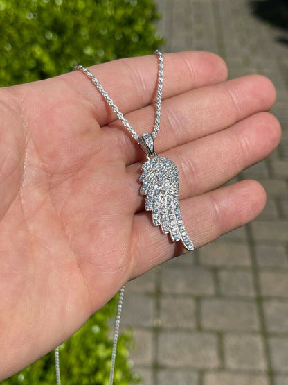 Real Solid 925 Sterling Silver Iced Angel Wing Pendant Hip Hop Diamond Necklace