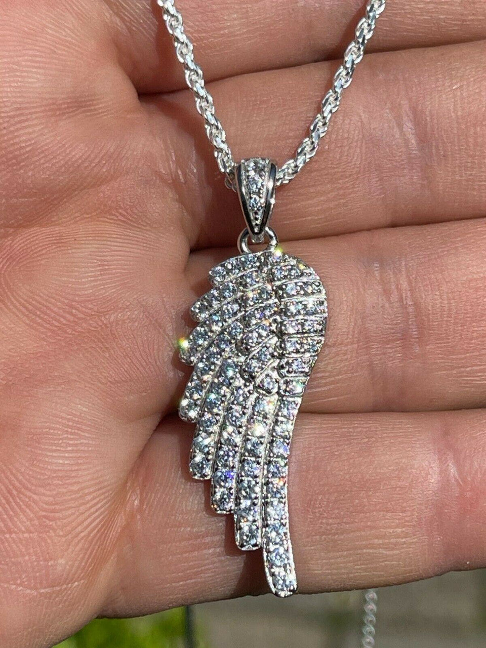 Real Solid 925 Sterling Silver Iced Angel Wing Pendant Hip Hop Diamond Necklace