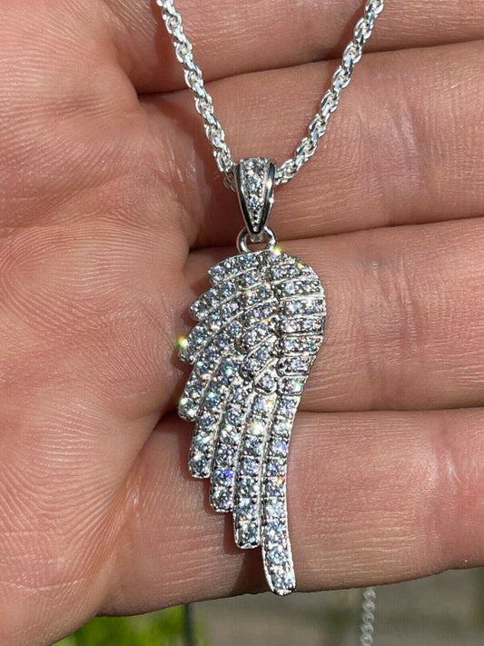 Real Solid 925 Sterling Silver Iced Angel Wing Pendant Hip Hop Diamond Necklace