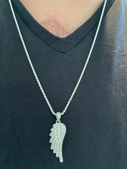 Real Solid 925 Sterling Silver Iced Angel Wing Pendant Hip Hop Diamond Necklace