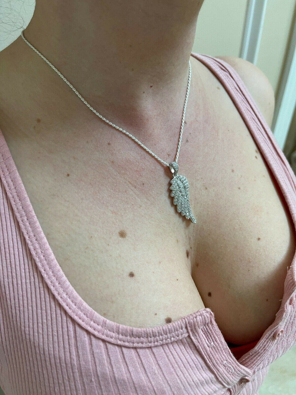 Real Solid 925 Sterling Silver Iced Angel Wing Pendant Hip Hop Diamond Necklace