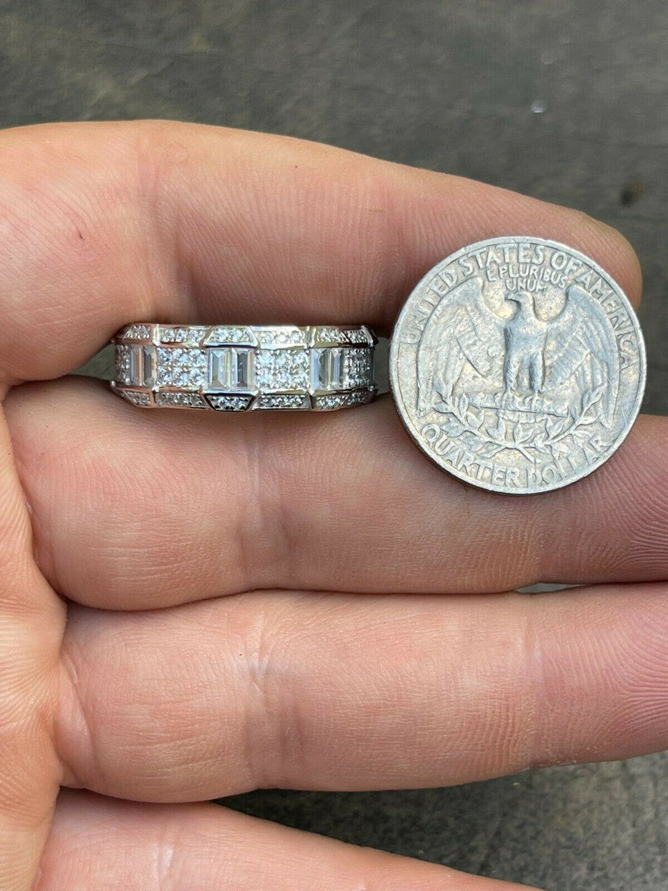 Real Solid 925 Sterling Silver Iced Baguette Diamond Wedding Band Or Pinky Ring