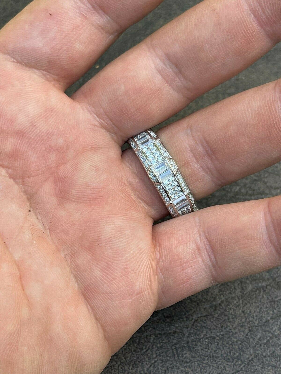 Real Solid 925 Sterling Silver Iced Baguette Diamond Wedding Band Or Pinky Ring