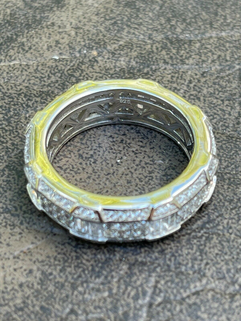 Real Solid 925 Sterling Silver Iced Baguette Diamond Wedding Band Or Pinky Ring