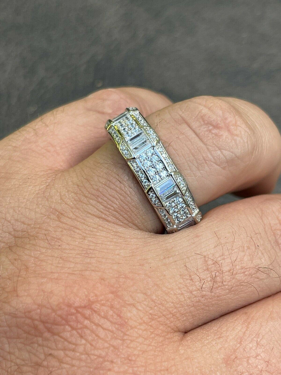 Real Solid 925 Sterling Silver Iced Baguette Diamond Wedding Band Or Pinky Ring