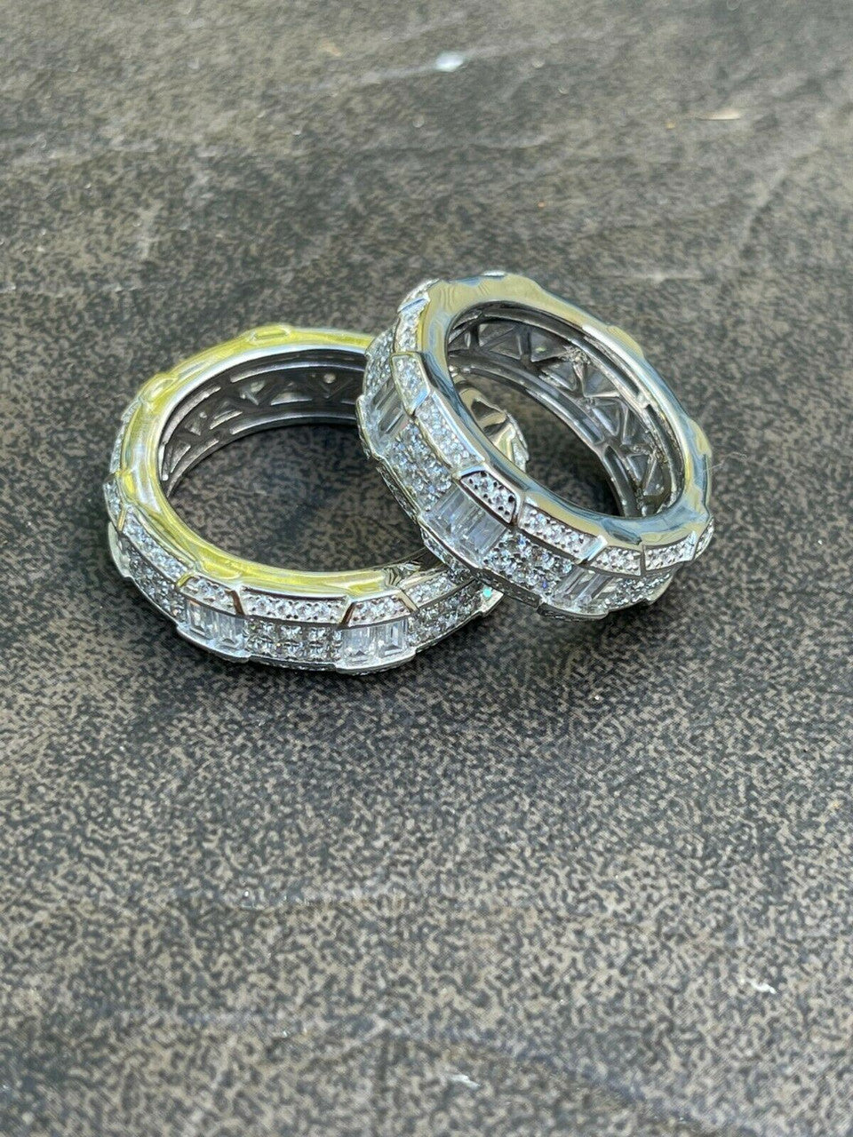 Real Solid 925 Sterling Silver Iced Baguette Diamond Wedding Band Or Pinky Ring