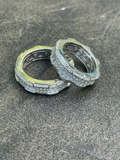 Real Solid 925 Sterling Silver Iced Baguette Diamond Wedding Band Or Pinky Ring