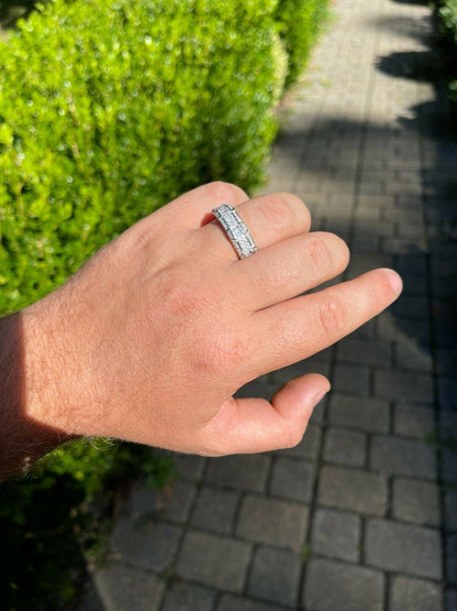 Real Solid 925 Sterling Silver Iced Baguette Diamond Wedding Band Or Pinky Ring