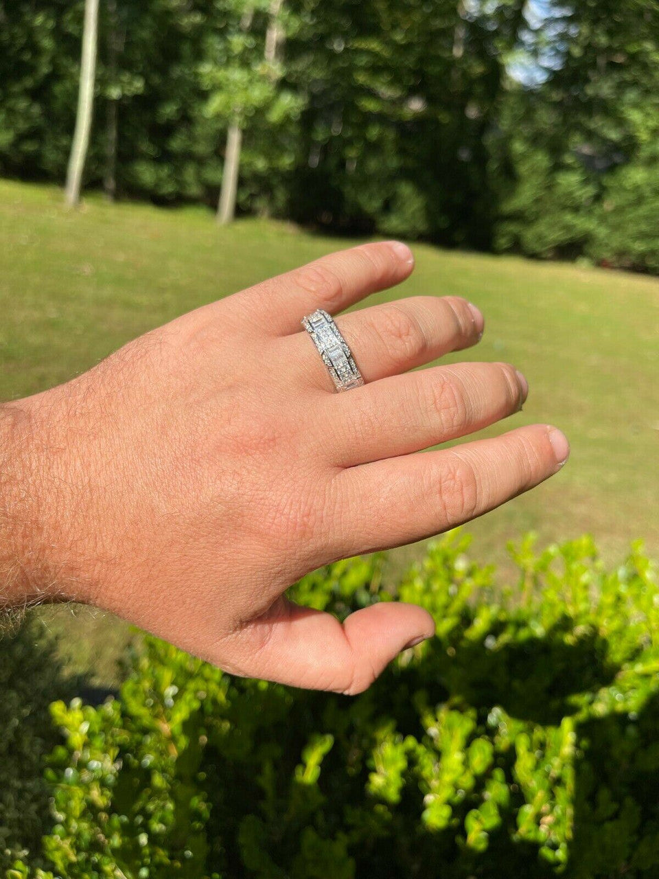 Real Solid 925 Sterling Silver Iced Baguette Diamond Wedding Band Or Pinky Ring