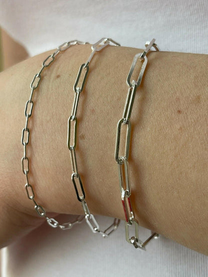 Real Solid Sterling Silver Paperclip Rolo Paper Clip Bracelet 2.5mm-4mm 6-8