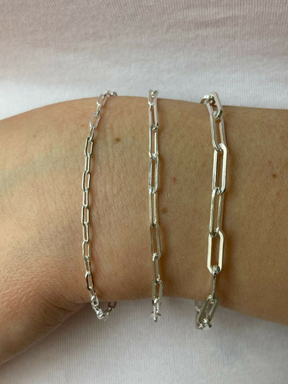 Real Solid Sterling Silver Paperclip Rolo Paper Clip Bracelet 2.5mm-4mm 6-8