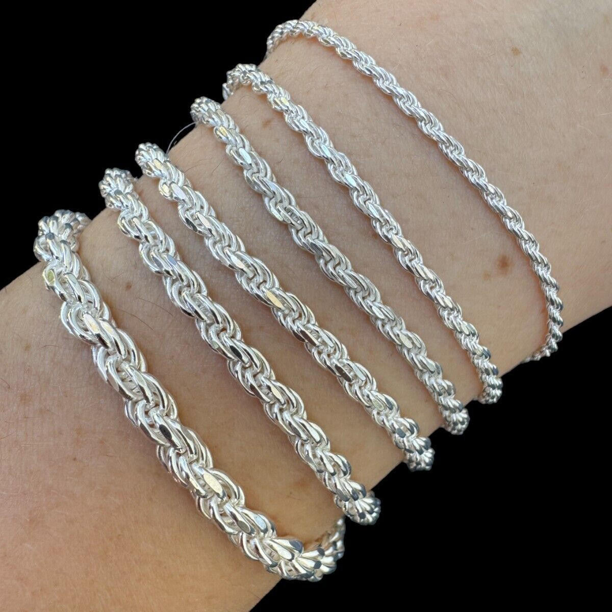 Real Solid 925 Sterling Silver Rope Bracelet 2mm-6mm Men's Women's