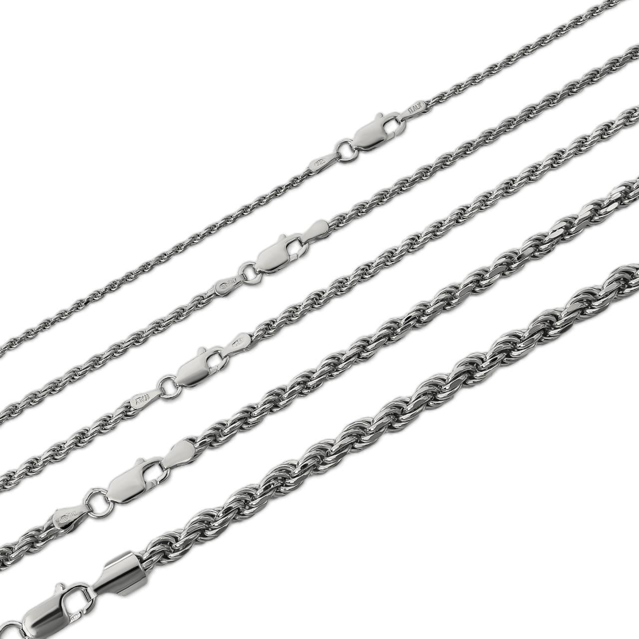 Real Solid 925 Silver W. Rhodium Finish Rope Chain 1.5-6mm Necklace ...