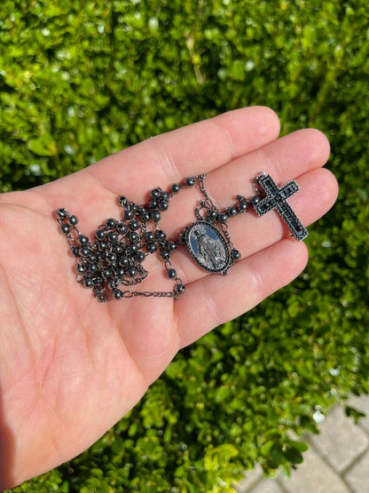 Rosary Beads Necklace Real Solid 925 Silver Oxidized Rosario Black Diamond Iced