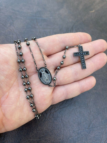 Rosary Beads Necklace Real Solid 925 Silver Oxidized Rosario Black Diamond Iced