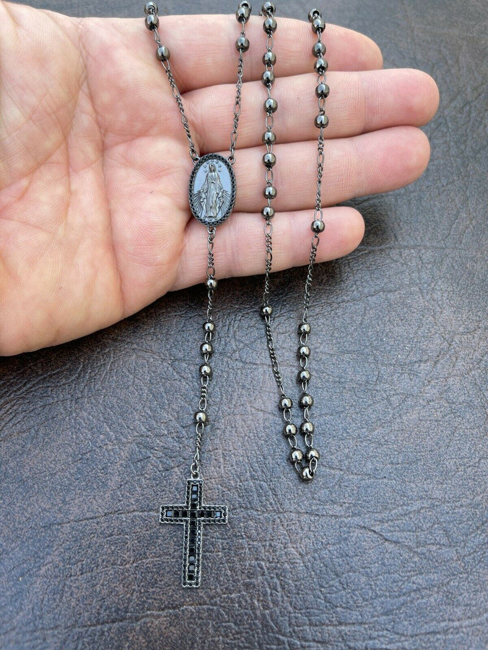Rosary Beads Necklace Real Solid 925 Silver Oxidized Rosario Black Diamond Iced