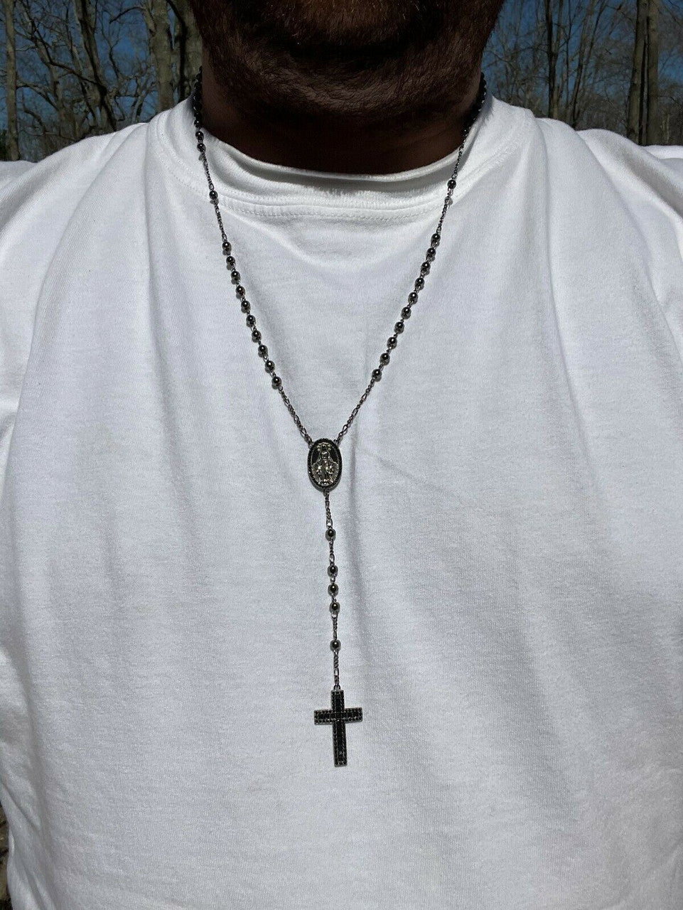 Rosary Beads Necklace Real Solid 925 Silver Oxidized Rosario Black Diamond Iced