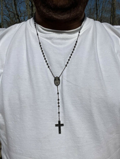 Rosary Beads Necklace Real Solid 925 Silver Oxidized Rosario Black Diamond Iced