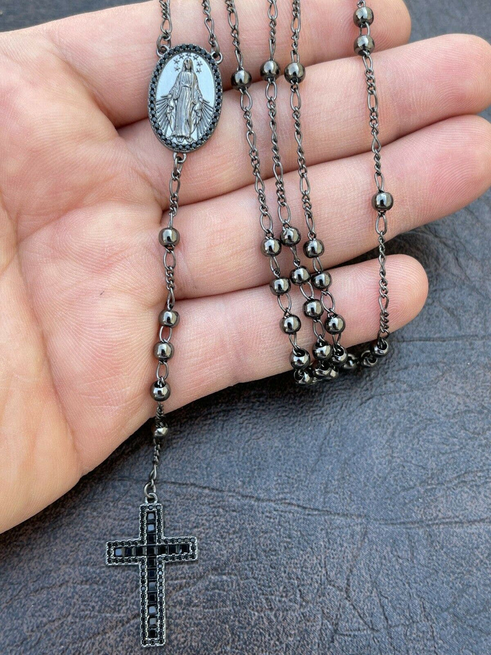 Rosary Beads Necklace Real Solid 925 Silver Oxidized Rosario Black Diamond Iced