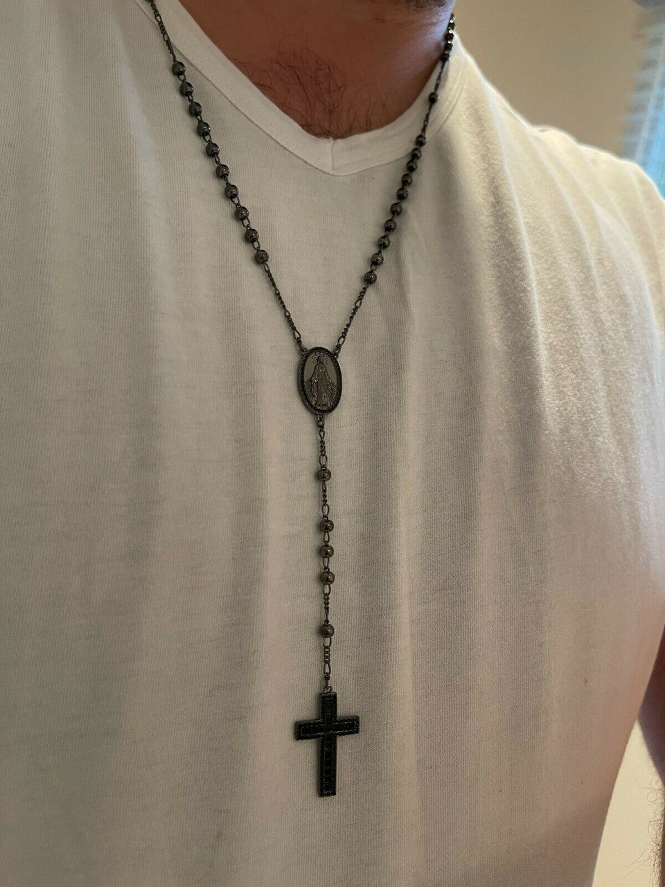 Rosary Beads Necklace Real Solid 925 Silver Oxidized Rosario Black Diamond Iced