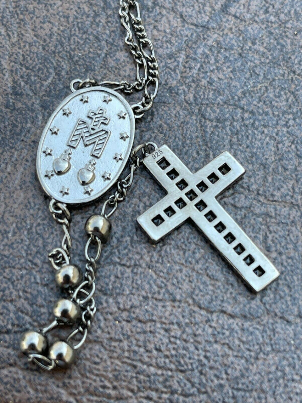 Rosary Beads Necklace Real Solid 925 Silver Oxidized Rosario Black Diamond Iced