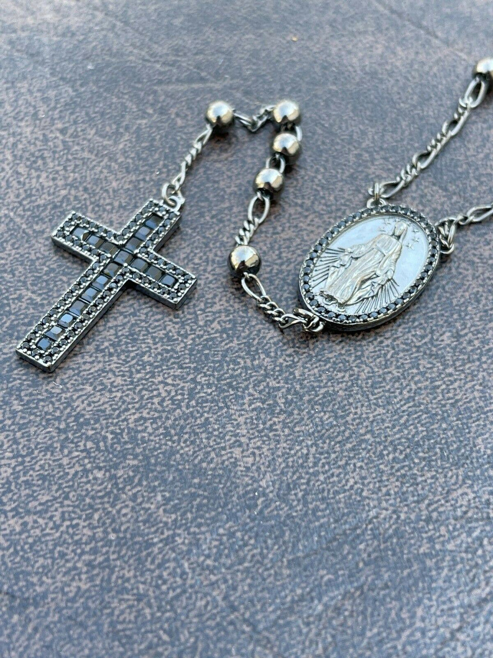 Rosary Beads Necklace Real Solid 925 Silver Oxidized Rosario Black Diamond Iced