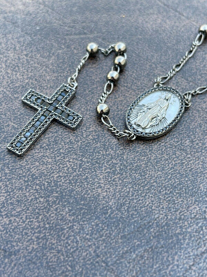Rosary Beads Necklace Real Solid 925 Silver Oxidized Rosario Black Diamond Iced