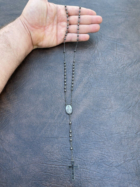 Rosary Beads Necklace Real Solid 925 Silver Oxidized Rosario Black Diamond Iced
