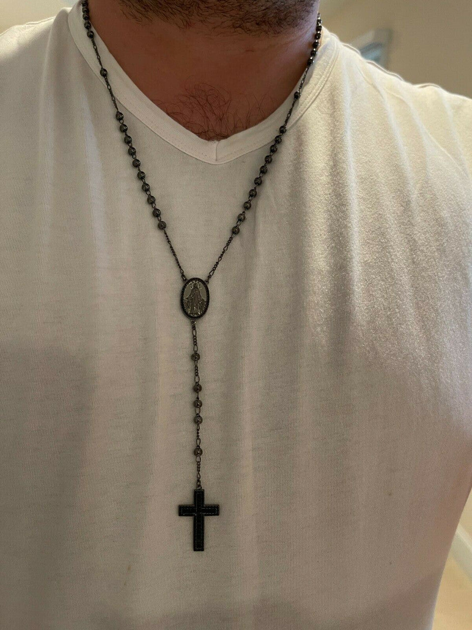 Rosary Beads Necklace Real Solid 925 Silver Oxidized Rosario Black Diamond Iced