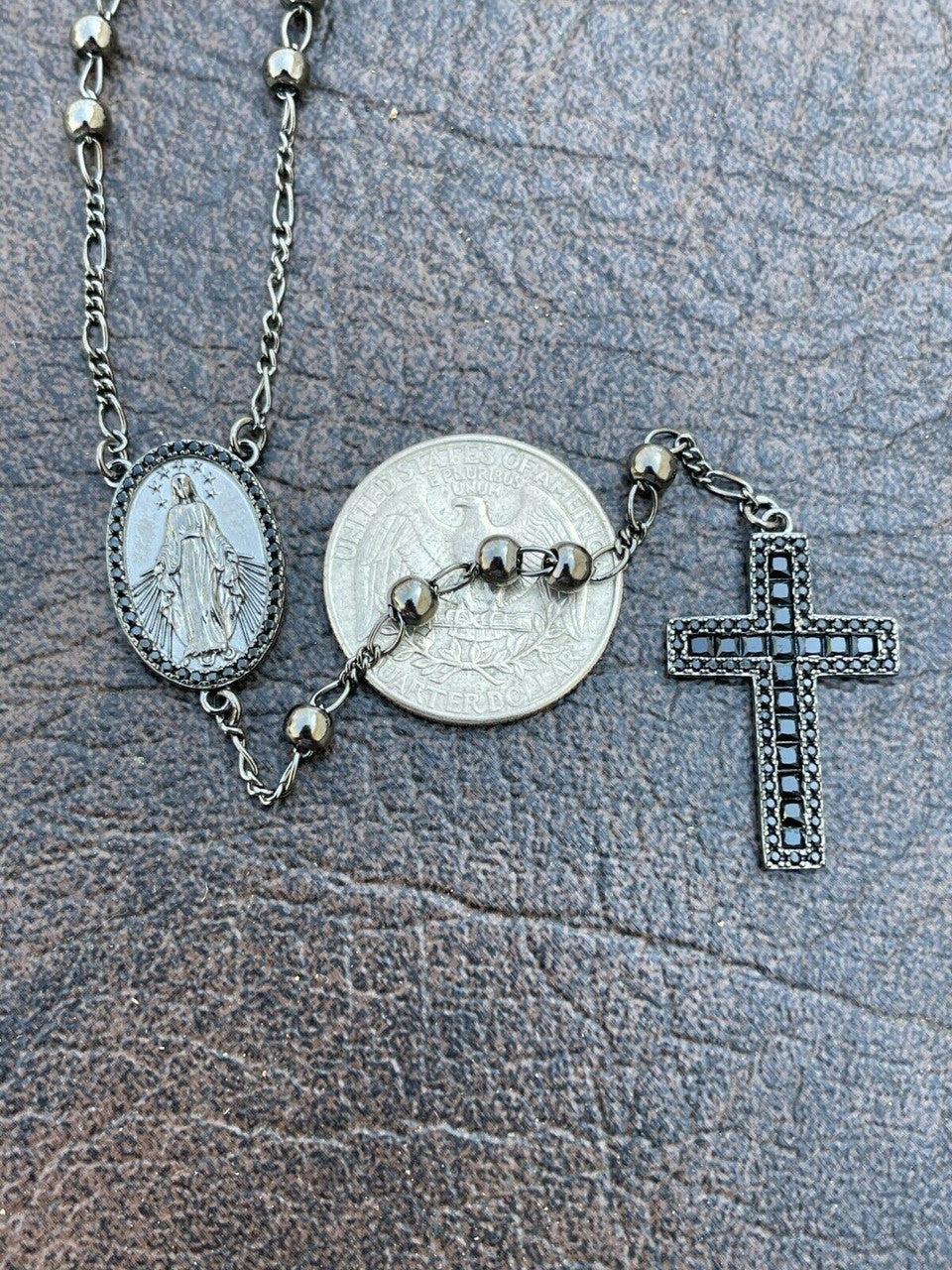 Rosary Beads Necklace Real Solid 925 Silver Oxidized Rosario Black Diamond Iced