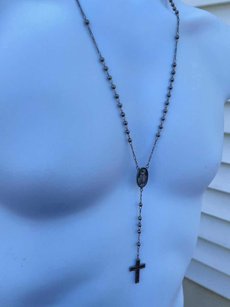 Rosary Beads Necklace Real Solid 925 Silver Oxidized Rosario Black Diamond Iced