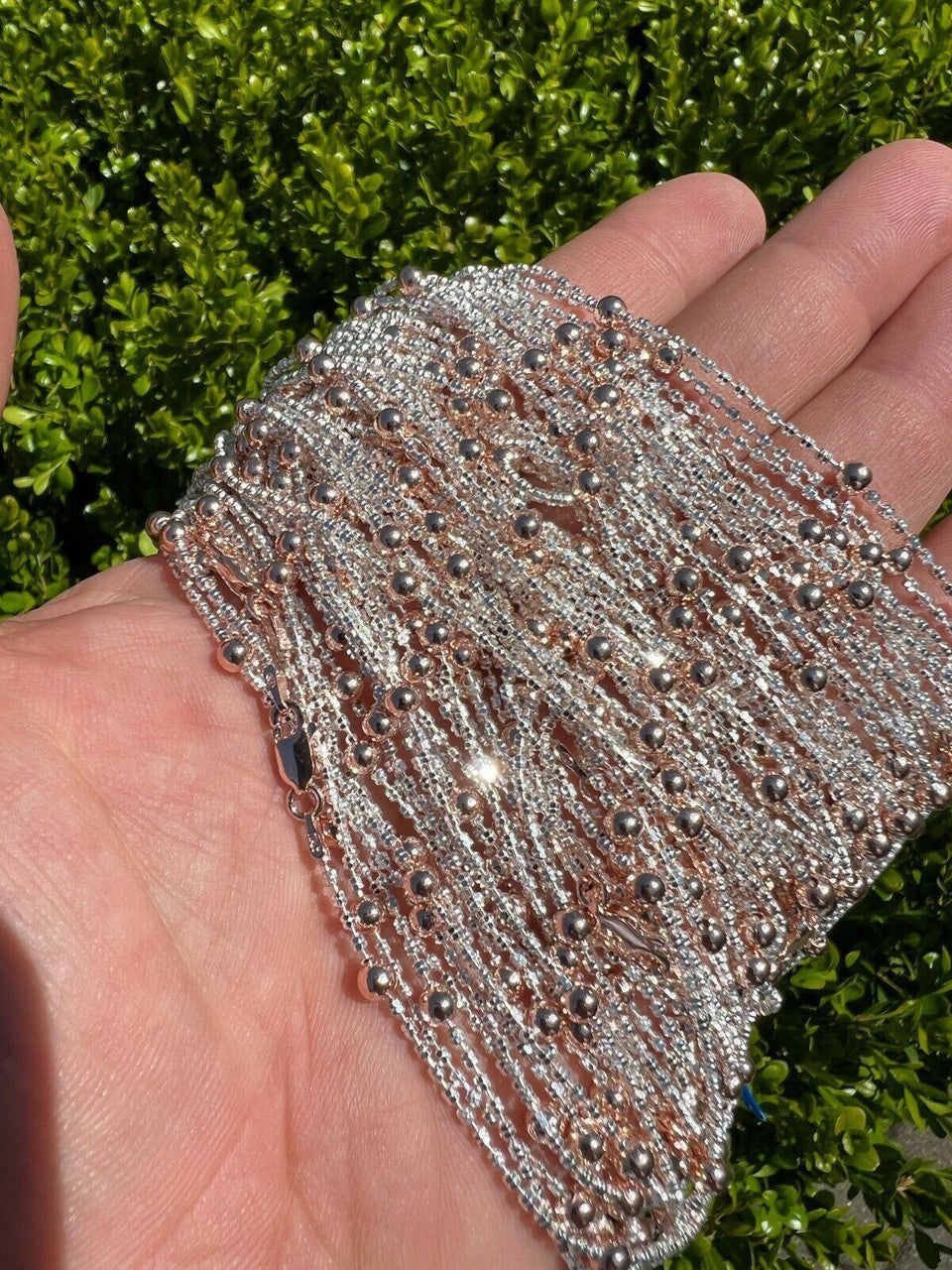 Rose Gold and Real 925 Silver Diamond Cut Ice Sparkle Rope Beaded Chain Necklace