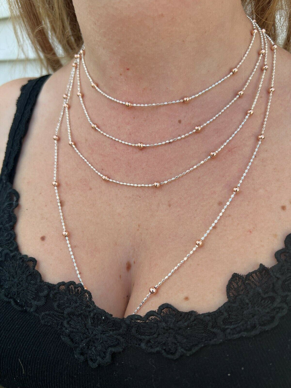 Rose Gold and Real 925 Silver Diamond Cut Ice Sparkle Rope Beaded Chain Necklace
