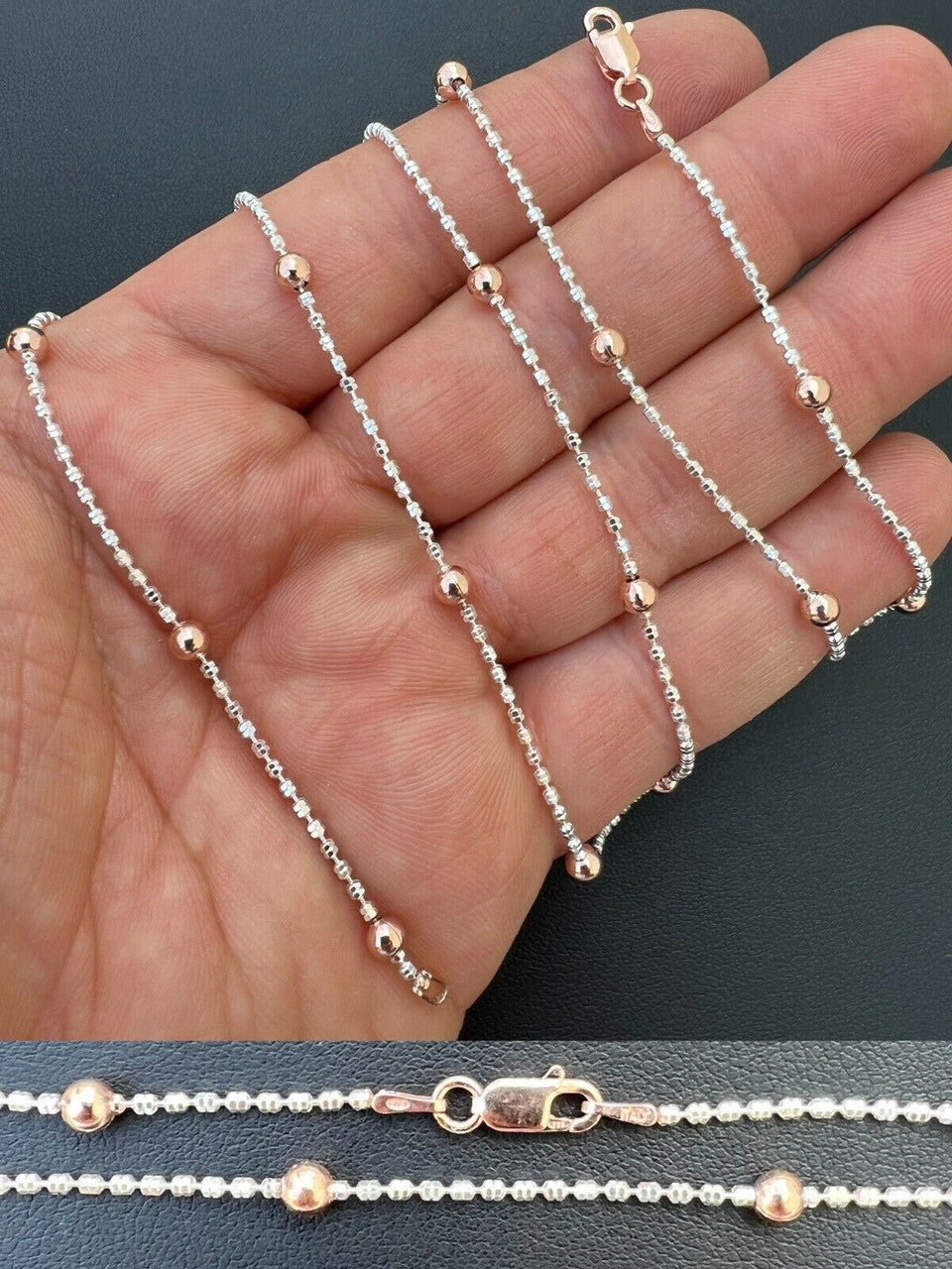 Rose Gold and Real 925 Silver Diamond Cut Ice Sparkle Rope Beaded Chain Necklace