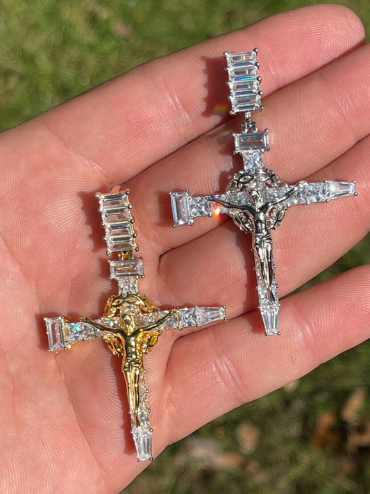 Silver Mens 925 Silver Baguette Diamond Jesus On Nail Cross Pendant Iced Gold Crucifix
