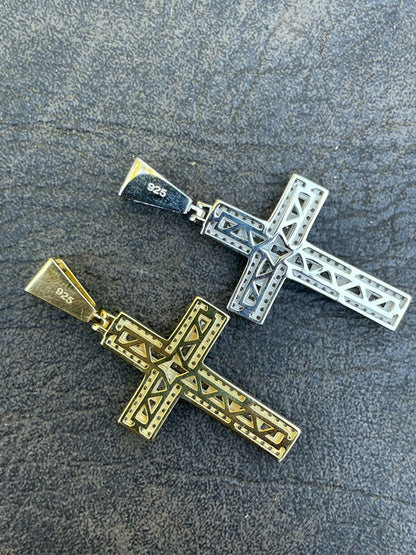 Silver Mens 925 Sterling Baguette Diamond Tennis Cross Pendant Iced Gold Silver Hip Hop