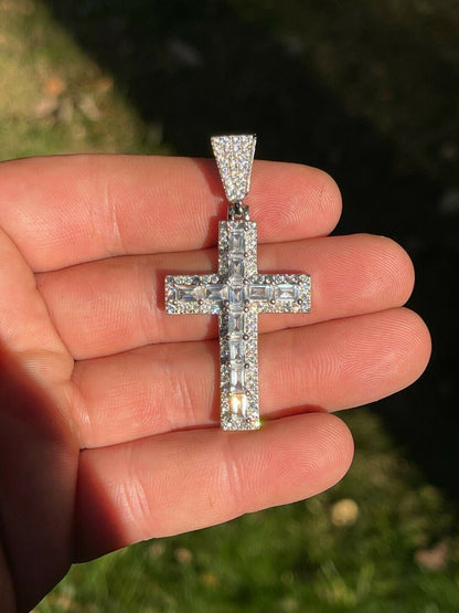 Silver Mens 925 Sterling Baguette Diamond Tennis Cross Pendant Iced Gold Silver Hip Hop