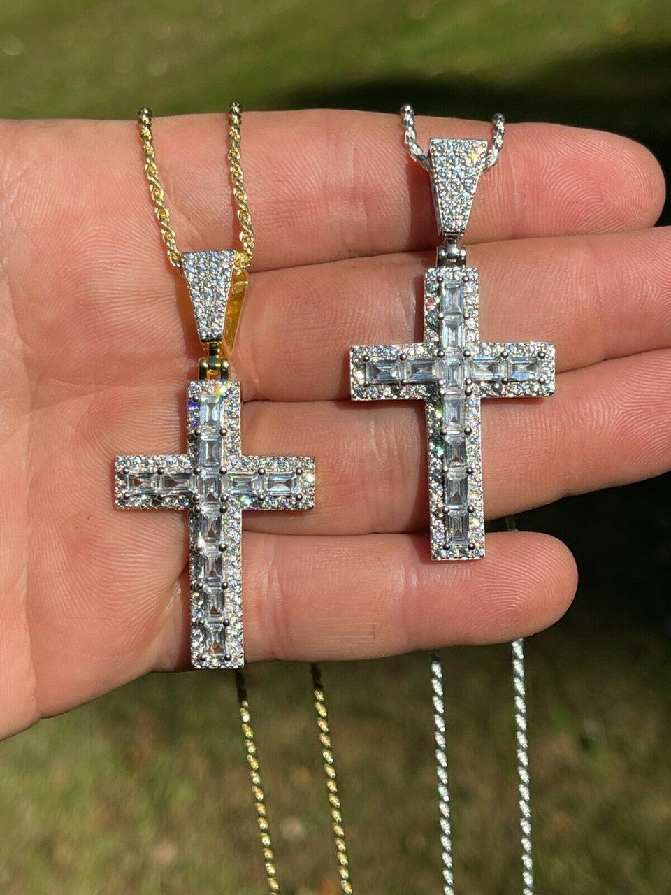 Silver Mens 925 Sterling Baguette Diamond Tennis Cross Pendant Iced Gold Silver Hip Hop