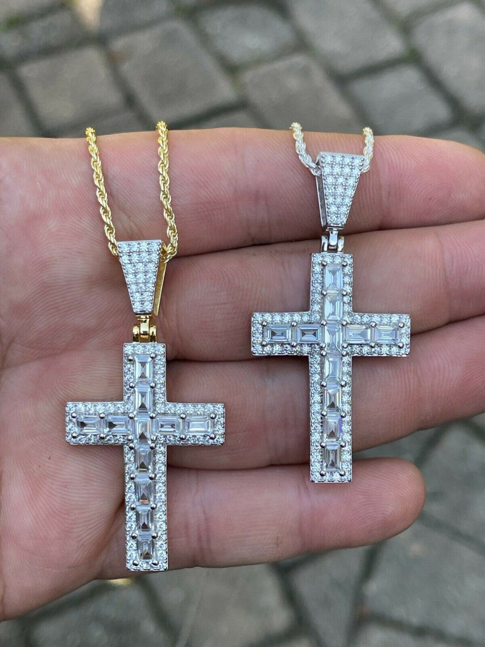 Silver Mens 925 Sterling Baguette Diamond Tennis Cross Pendant Iced Gold Silver Hip Hop