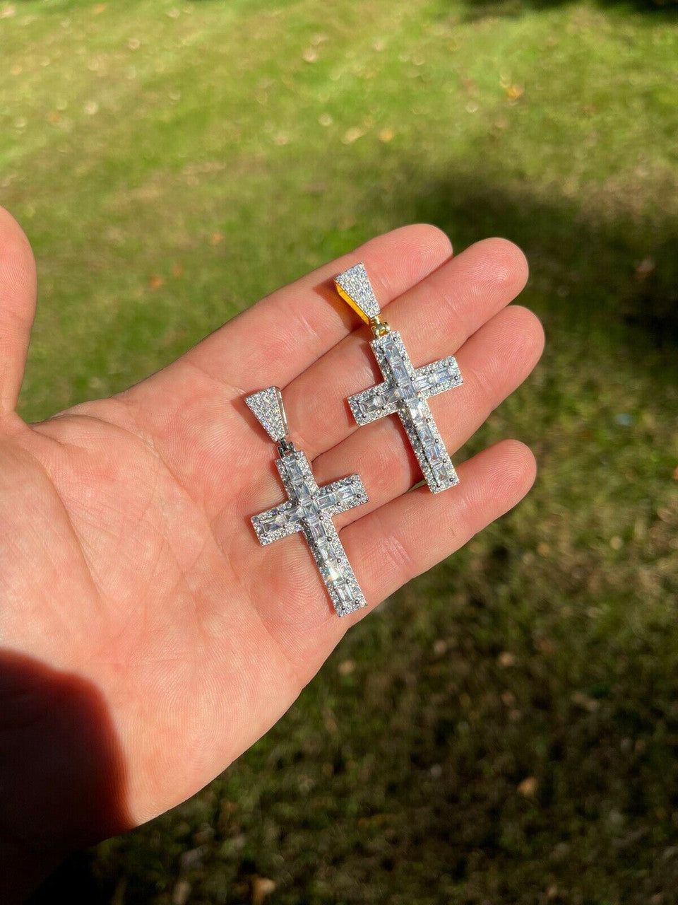 Silver Mens 925 Sterling Baguette Diamond Tennis Cross Pendant Iced Gold Silver Hip Hop