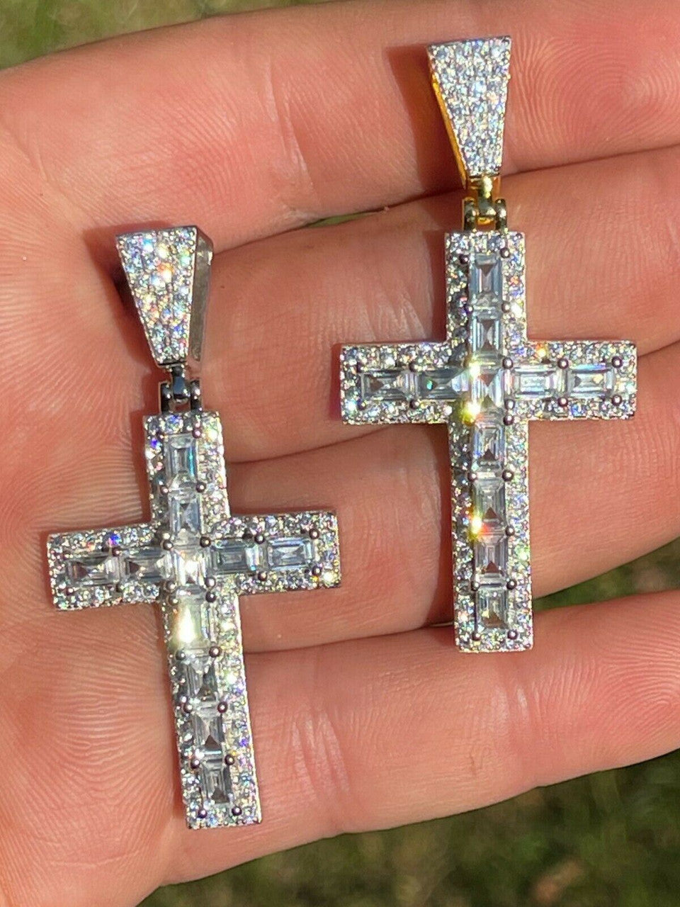 Silver Mens 925 Sterling Baguette Diamond Tennis Cross Pendant Iced Gold Silver Hip Hop