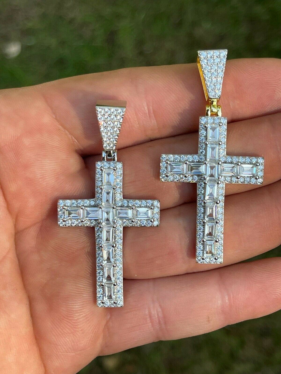 Silver Mens 925 Sterling Baguette Diamond Tennis Cross Pendant Iced Gold Silver Hip Hop