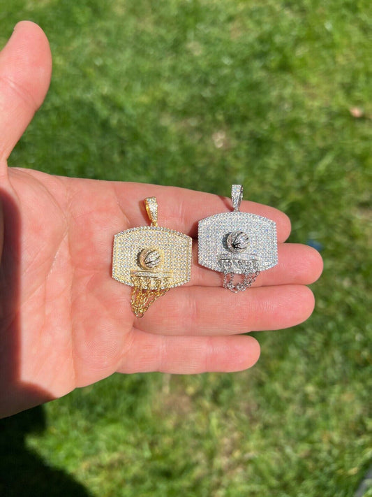 Silver Mens MOISSANITE Real Iced Basketball Hoop Pendant Necklace Passes Diamond Tester