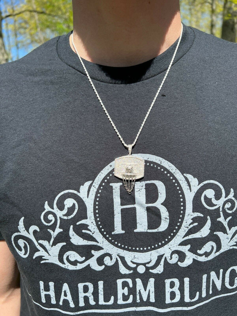 Silver Mens MOISSANITE Real Iced Basketball Hoop Pendant Necklace Passes Diamond Tester