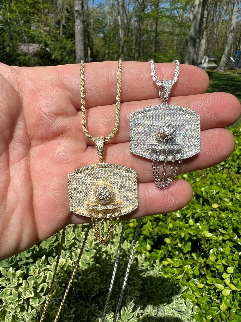 Silver Mens MOISSANITE Real Iced Basketball Hoop Pendant Necklace Passes Diamond Tester