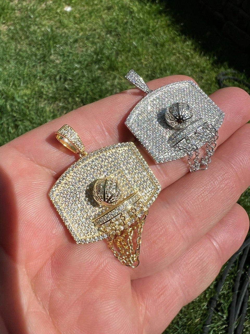 Silver Mens MOISSANITE Real Iced Basketball Hoop Pendant Necklace Passes Diamond Tester