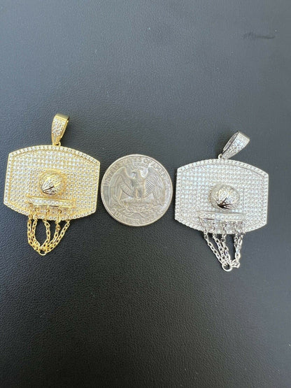 Silver Mens MOISSANITE Real Iced Basketball Hoop Pendant Necklace Passes Diamond Tester