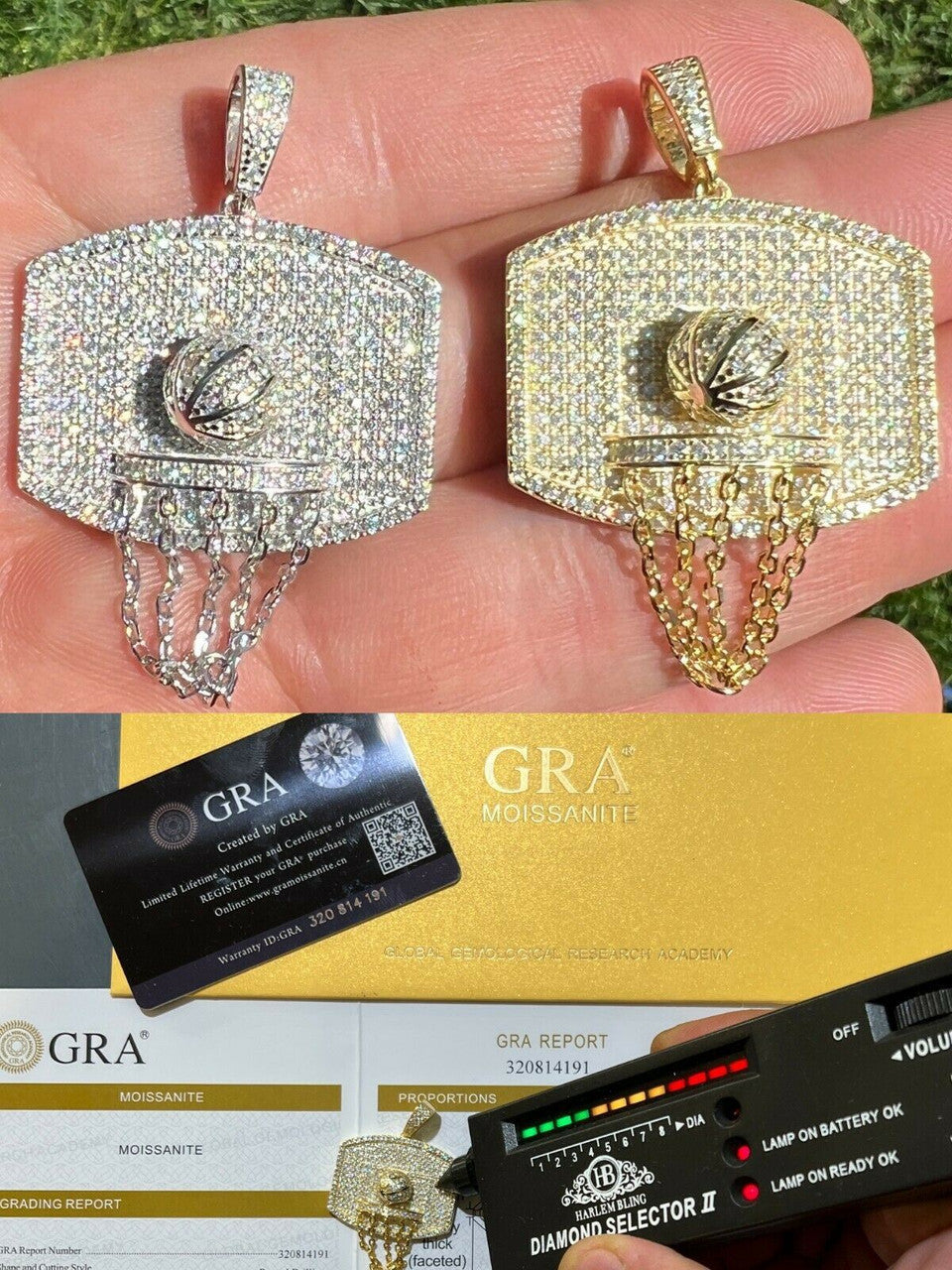 Silver Mens MOISSANITE Real Iced Basketball Hoop Pendant Necklace Passes Diamond Tester