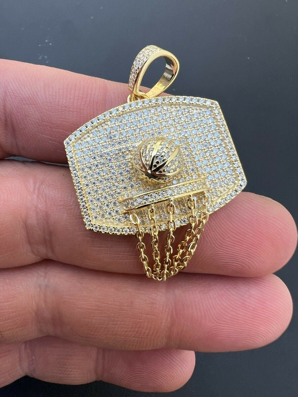 Silver Mens MOISSANITE Real Iced Basketball Hoop Pendant Necklace Passes Diamond Tester